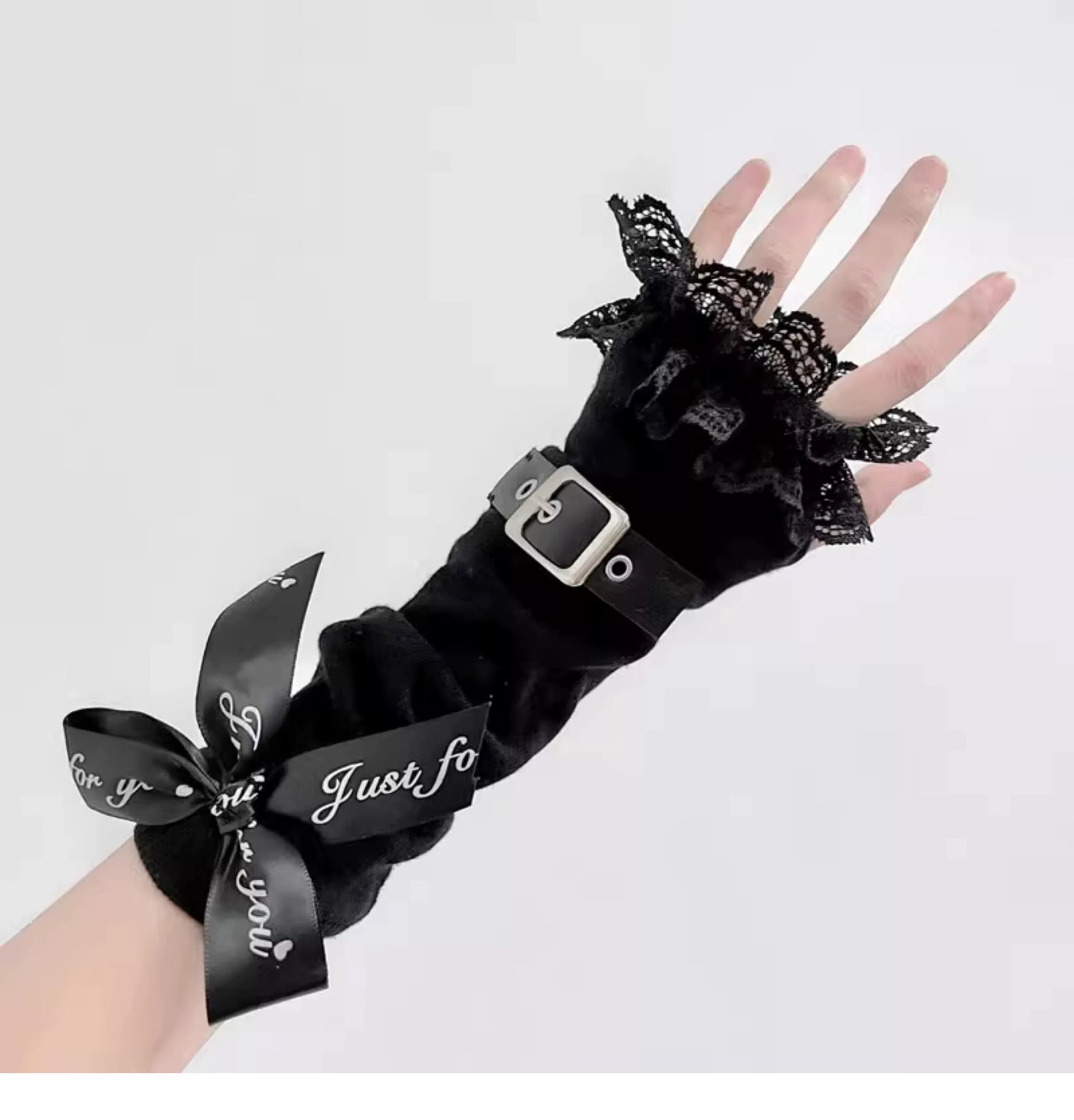 Gothic Lolita Lace Arm Warmers with Buckle & Bow Black & Striped Fingerless Gloves